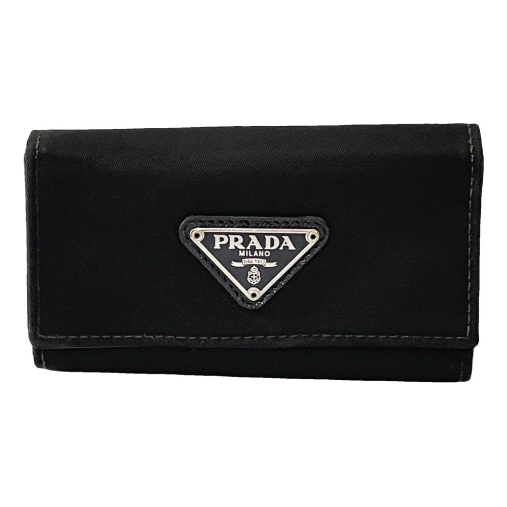Prada black Tessuto nylon triangle logo saffiano leather key case
